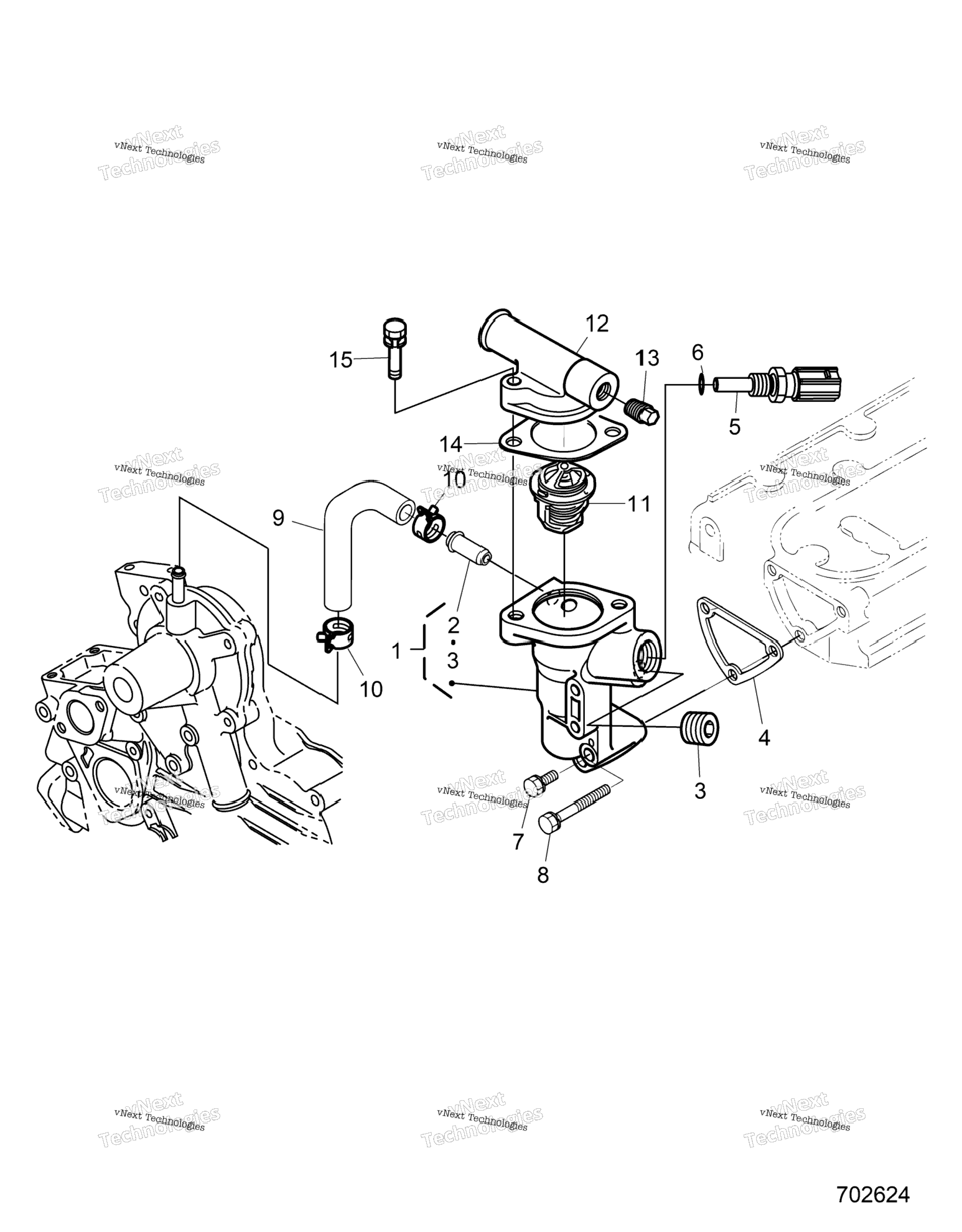 Engine, Water Flange And Thermostat